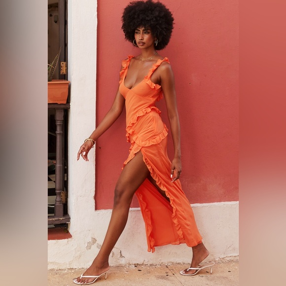 HOUSE OF CB 'Pixie' Flame Orange Ruffle Maxi Dress NWOT - Picture 6 of 16